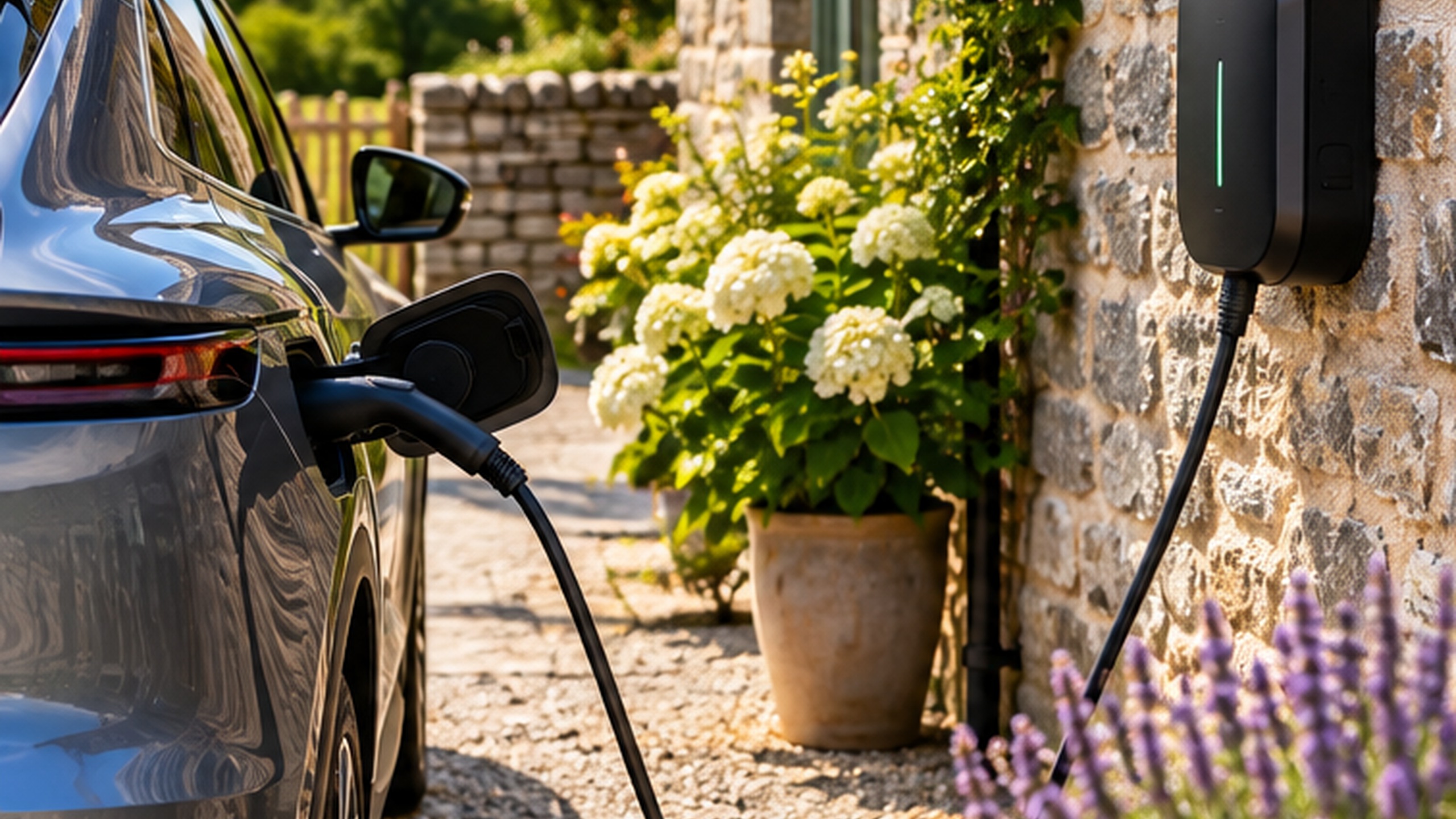 Electric car charging at a holiday cottage in Wales