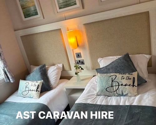 Twin bedroom inside Goscar 45 static caravan