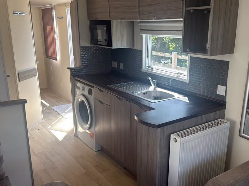 Kitchen inside the static caravan in Criccieth
