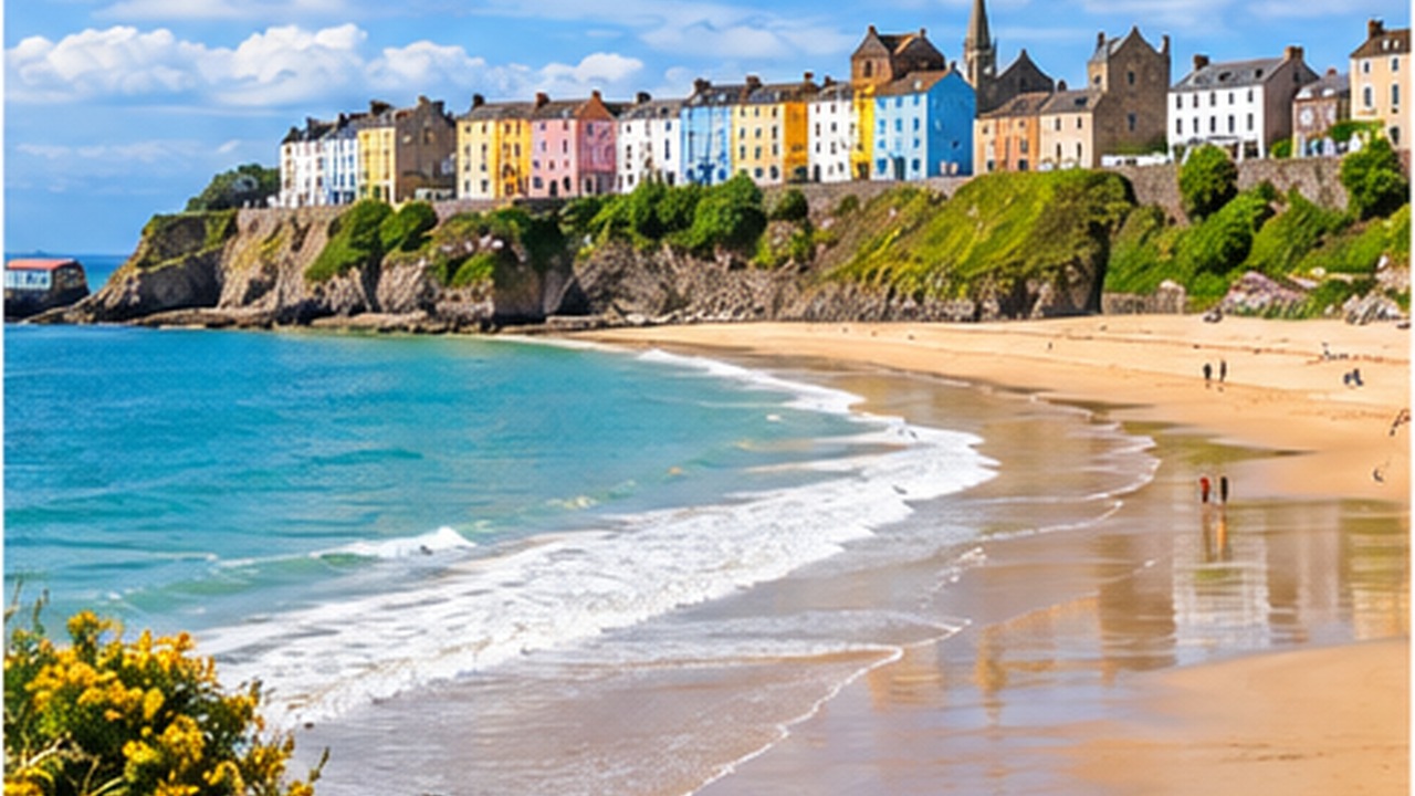 Tenby North Beach with harbour and colourful houses