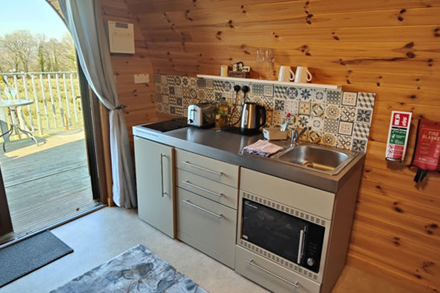 Kitchen area inside Towy Valley Pod